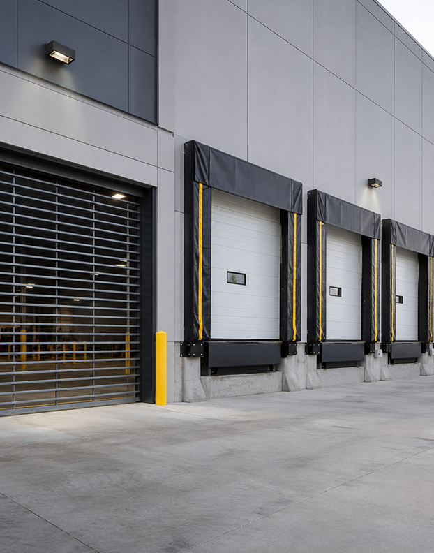 Modern commercial building with roll-up doors and security grilles