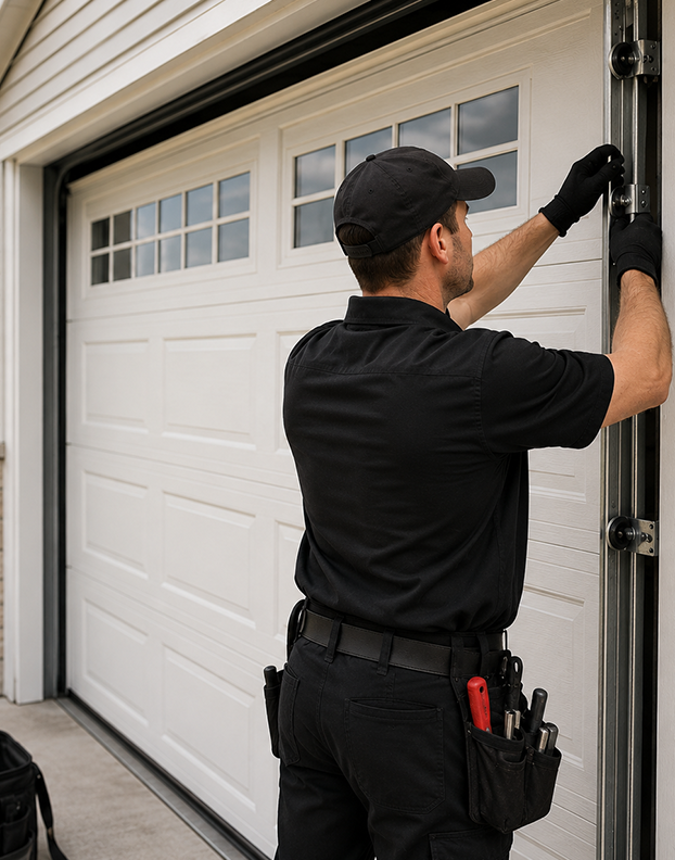 Technician in black uniform performing residential garage door maintenance