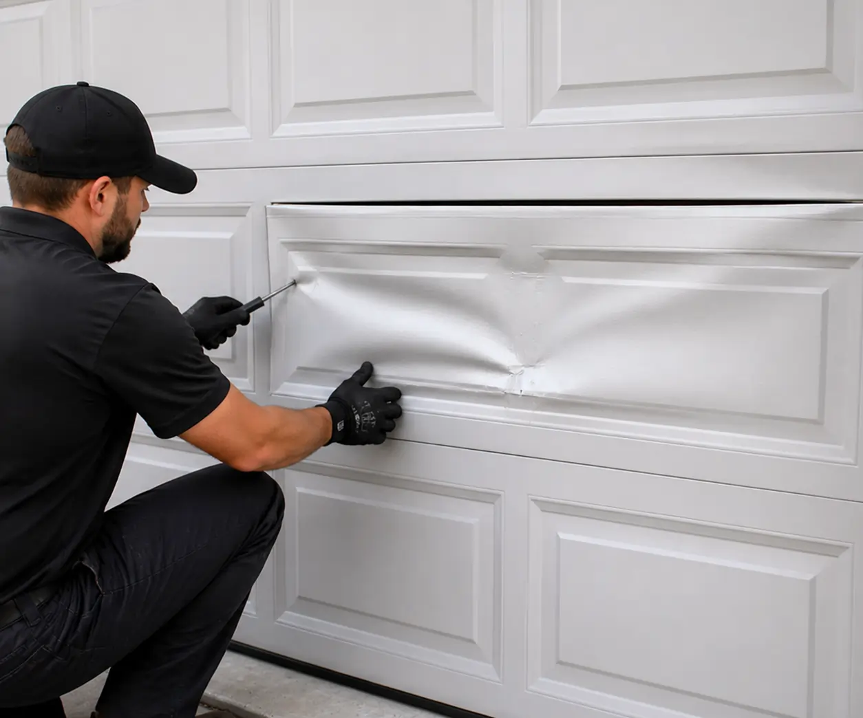 Emergency garage door technician repairing a broken garage door in Denton, TX