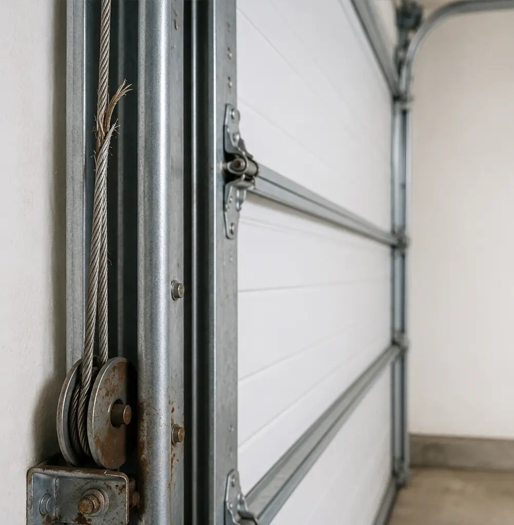 Frayed garage door cable near track and pulley system