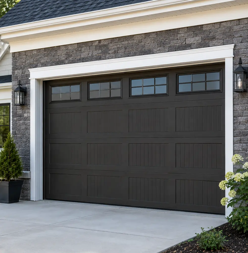 Modern home with a new black garage door and landscaped driveway