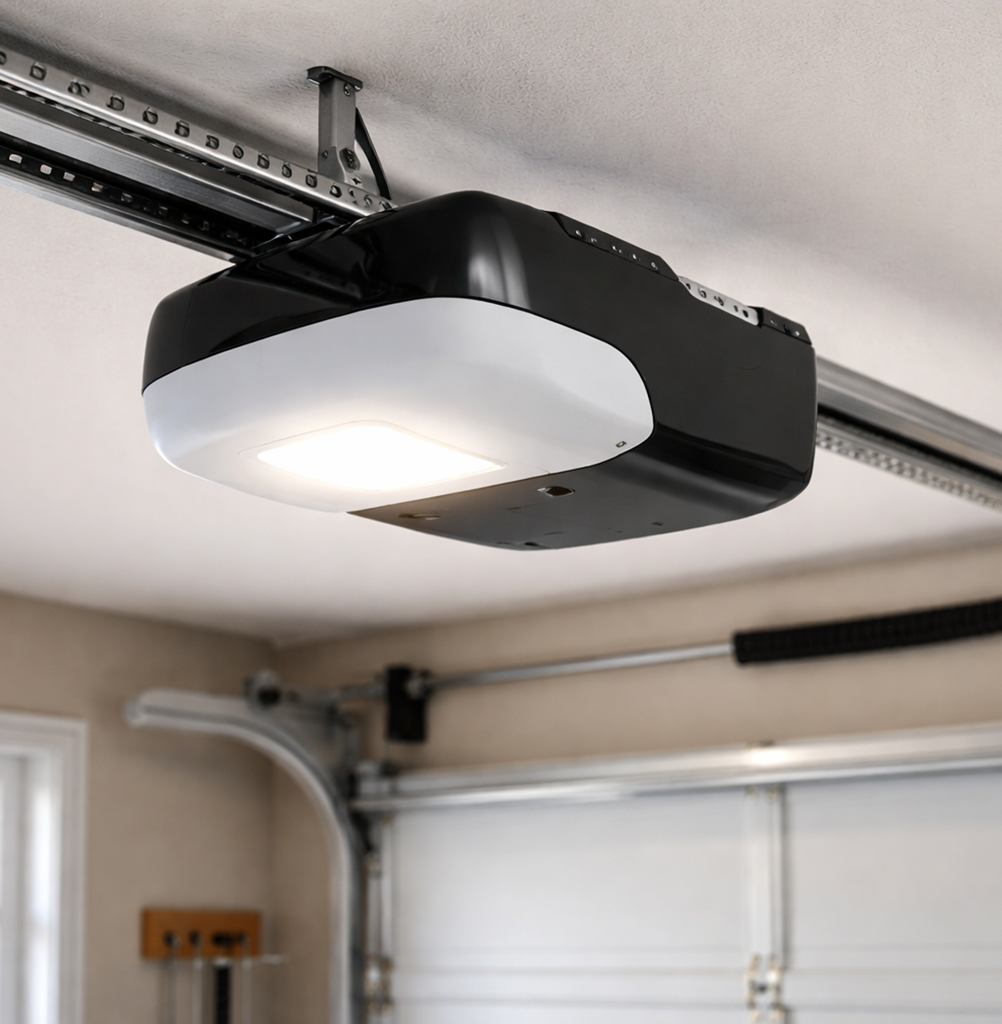 Ceiling-mounted garage door opener with remote control