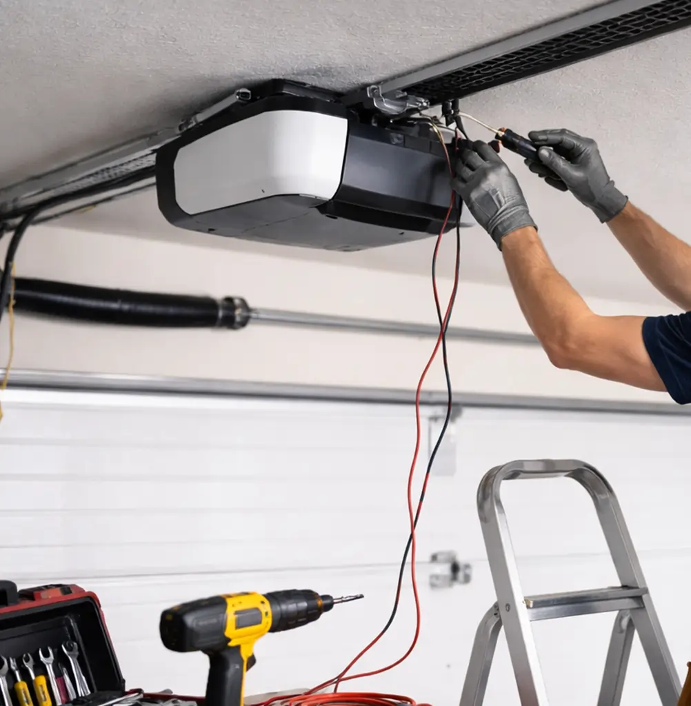 Technician servicing an automatic garage door