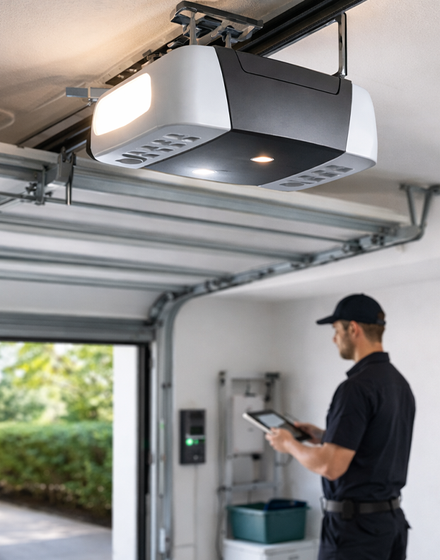 Belt drive garage door opener installed overhead