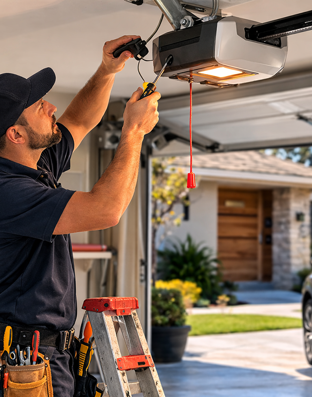 Technician repairing a residential garage door opener