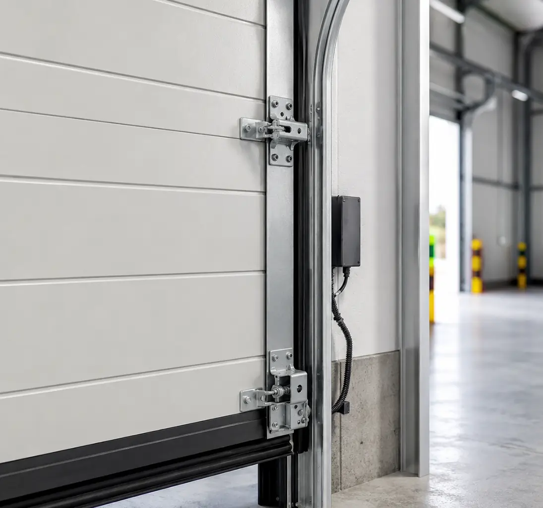 Industrial garage door with weather sealing and opener system installed