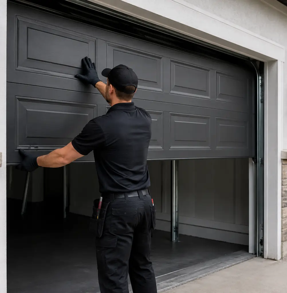 Professional installing a garage door with safety equipment.
