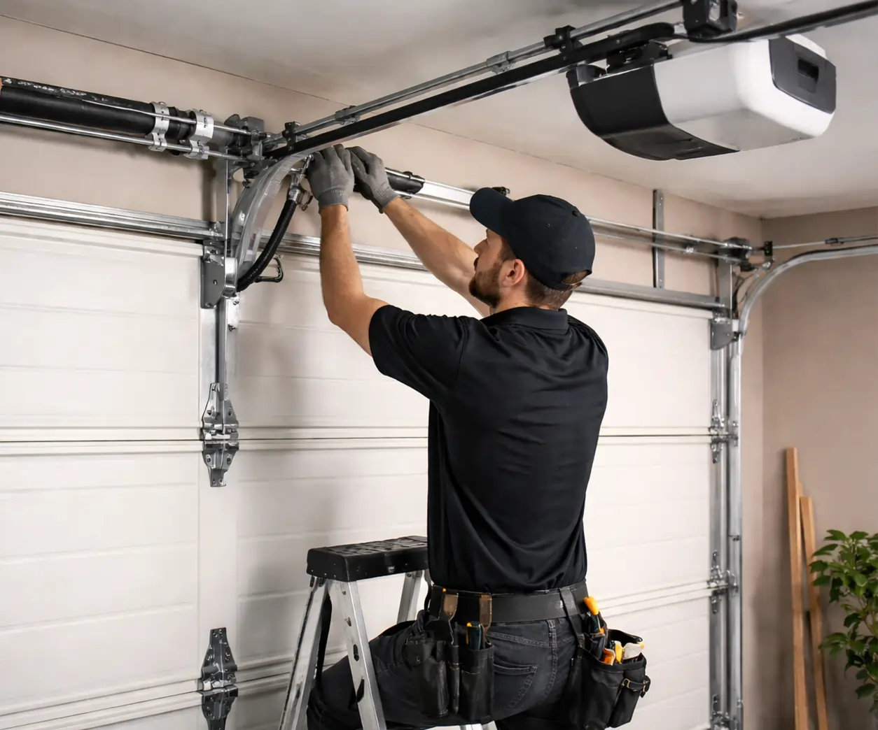 Technician performing garage door maintenance in Denton