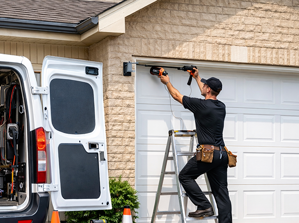 Professional inspecting residential garage door components