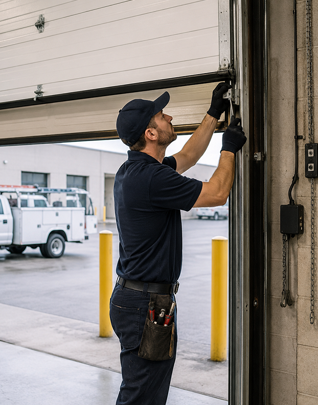 Technician lubricating garage door rollers and tracks