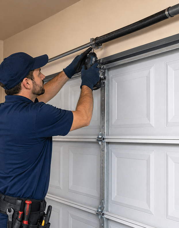 Technician replacing a broken garage door spring in Denton