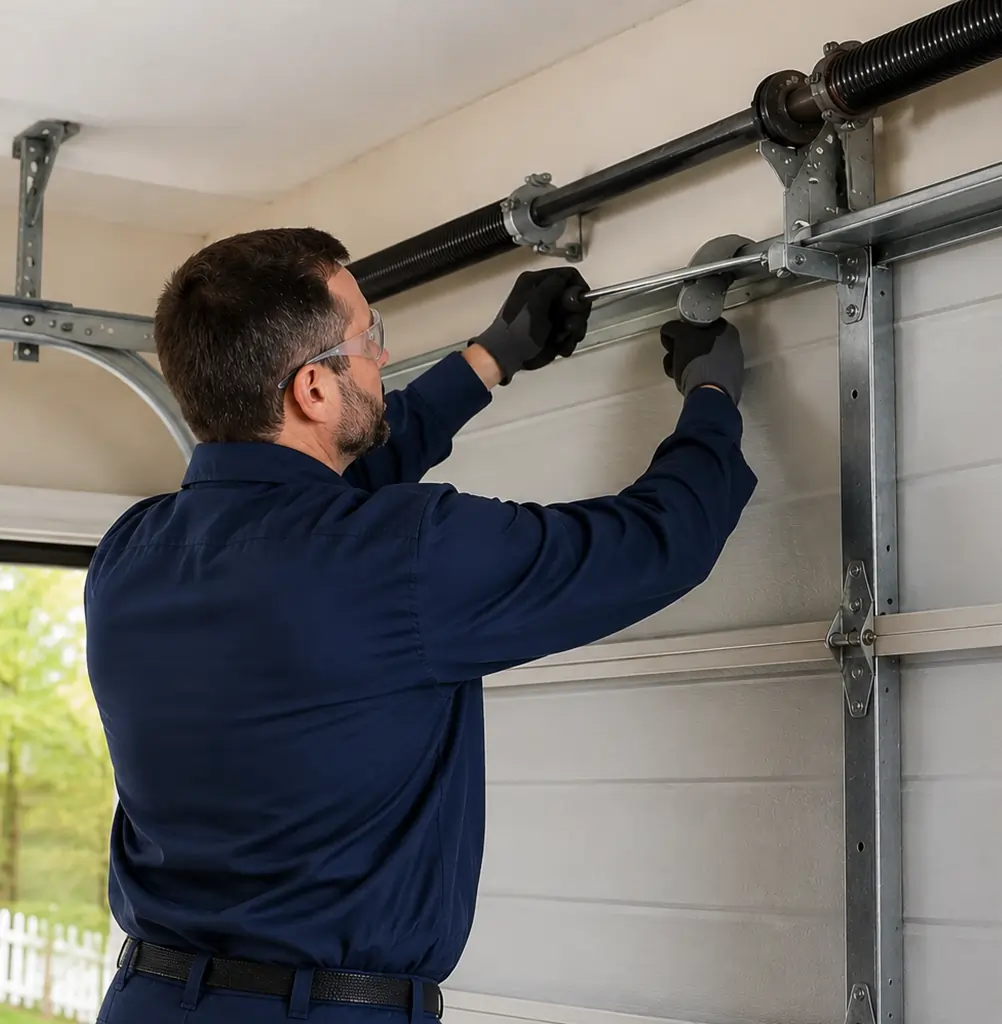 Technician servicing a garage door spring mechanism