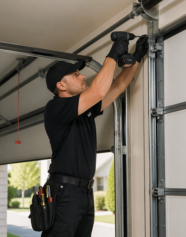 Technician servicing a garage door.