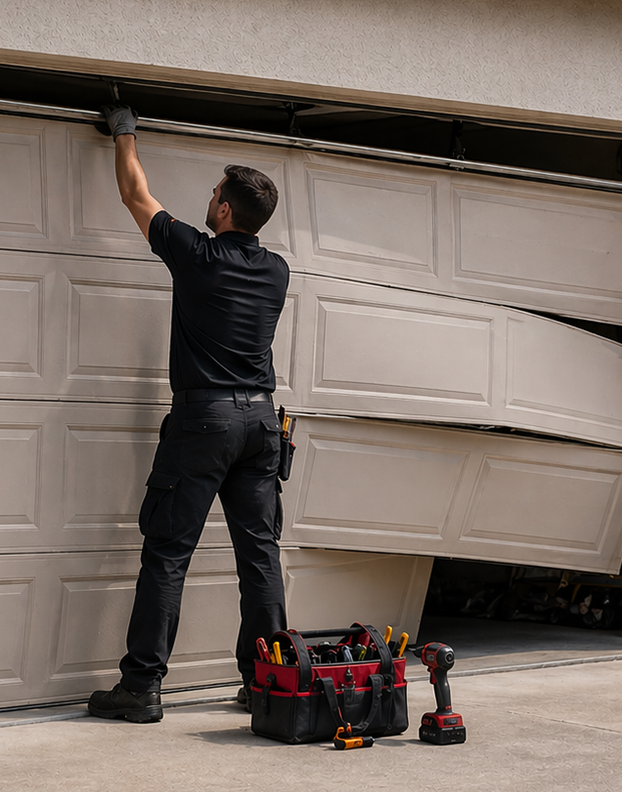 Technician repairing garage door tracks and rollers
