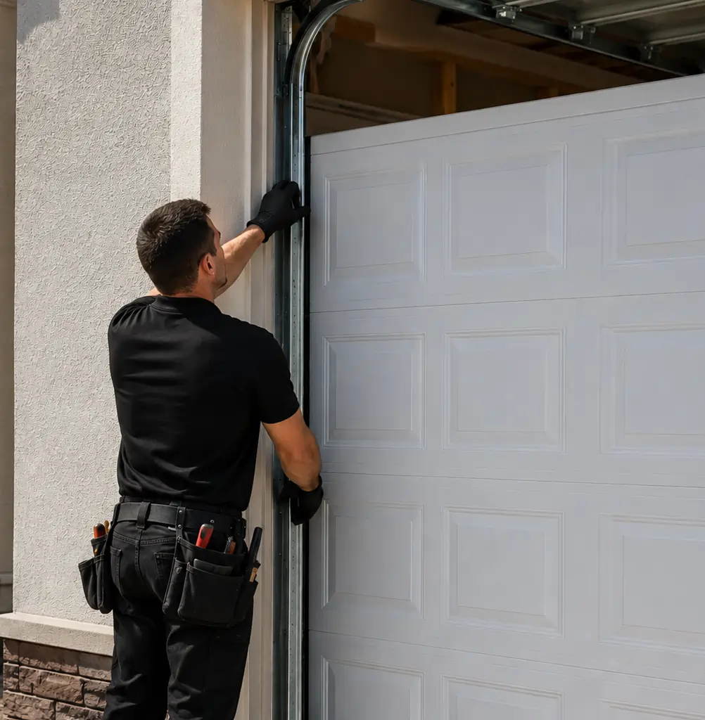 Technician assessing whether a door needs repair or replacement