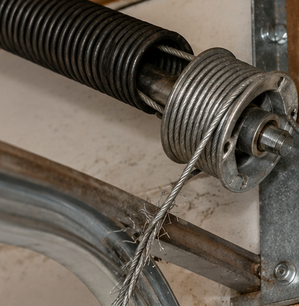 Worn garage door spring and frayed cable system