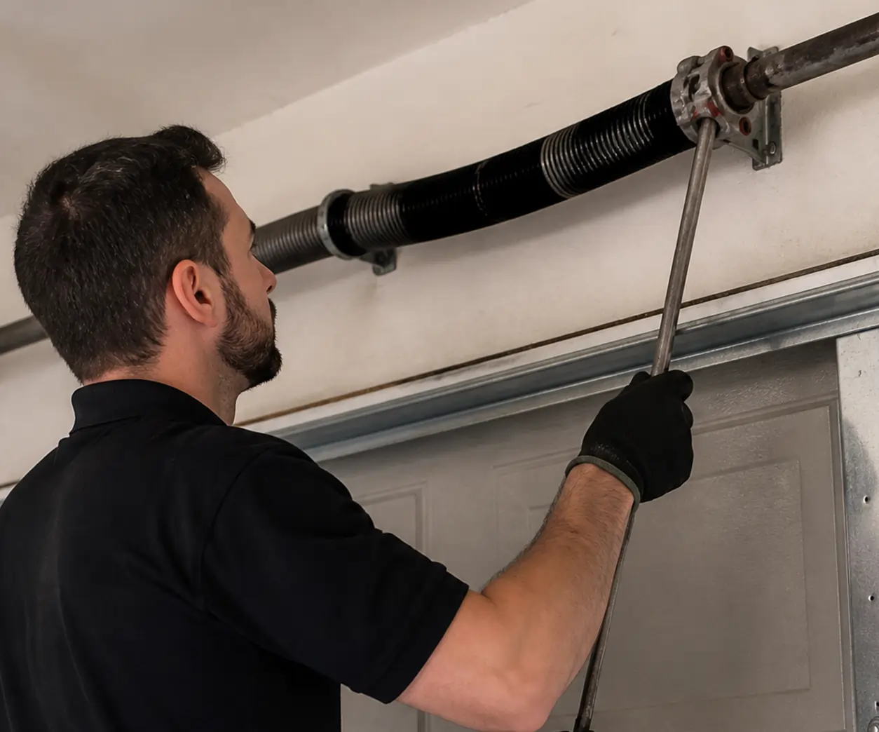 Technician adjusting a garage door torsion spring for smooth operation
