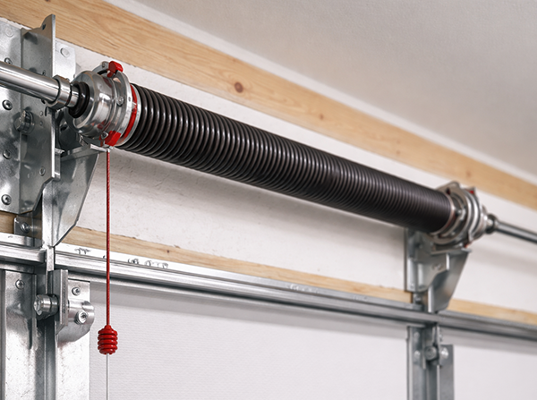 Garage door spring system inspected for proper tension and alignment