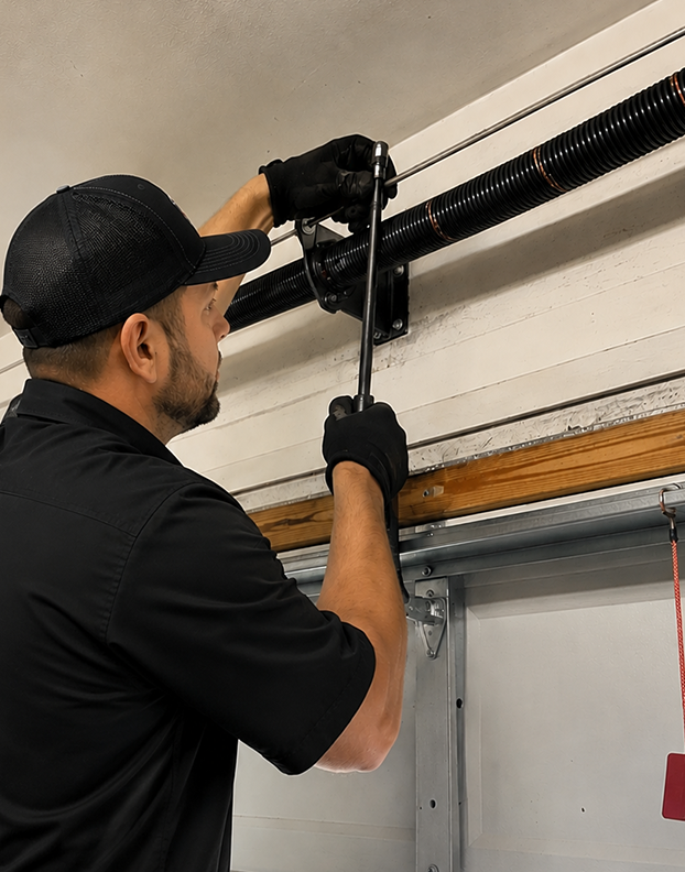 Technician measuring and installing a garage door spring.