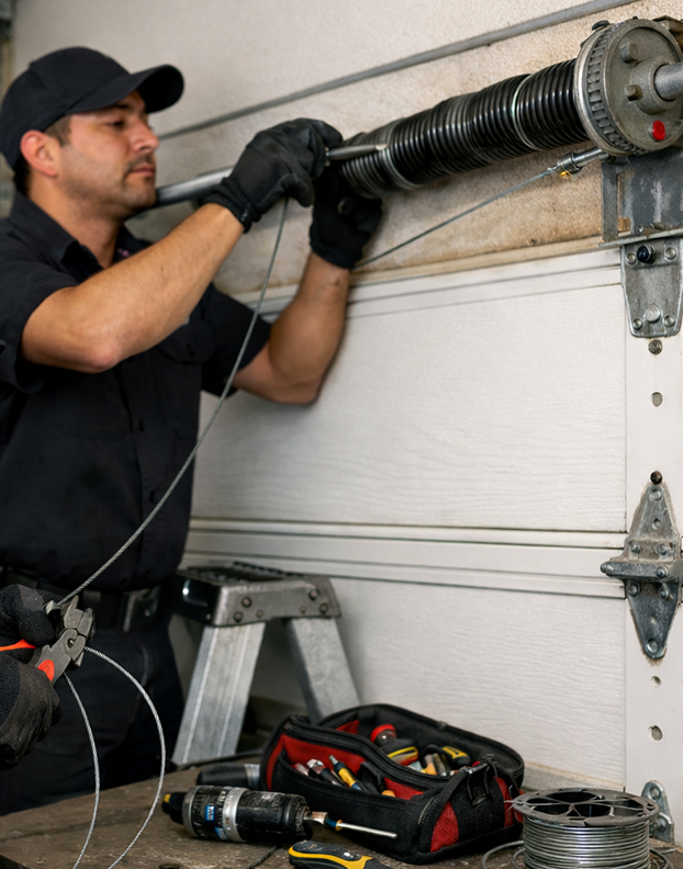 Garage door spring system adjusted for proper balance.