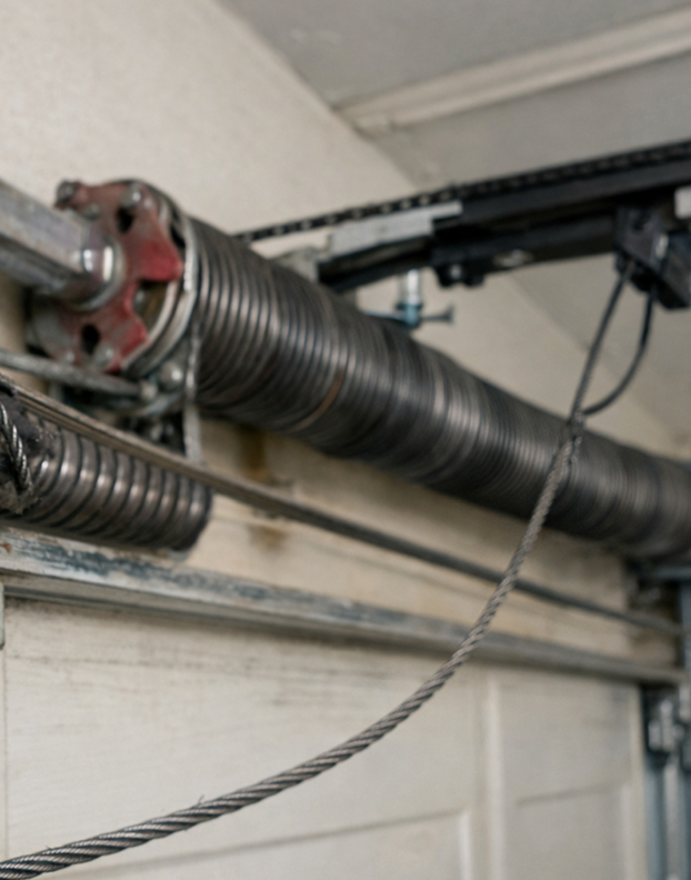 Professional servicing a garage door spring system.