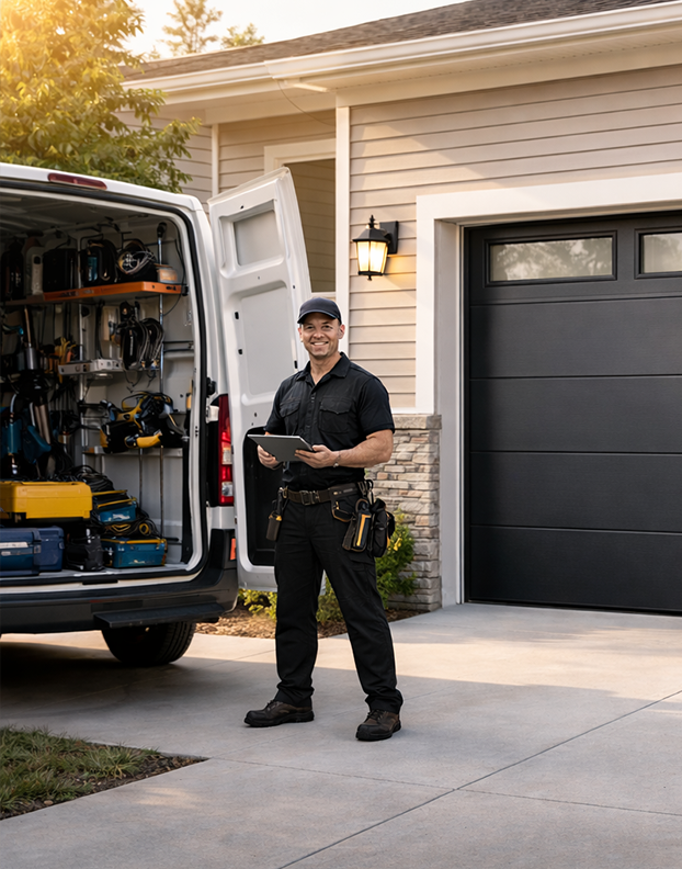 Technician repairing garage door tracks and rollers