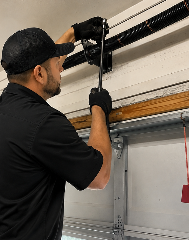 Professional repairing a garage door system.
